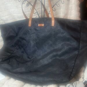 Gucci Nylon GG Tote Bag Navy Canvas Leather Shoulder A4 Storage Authentic